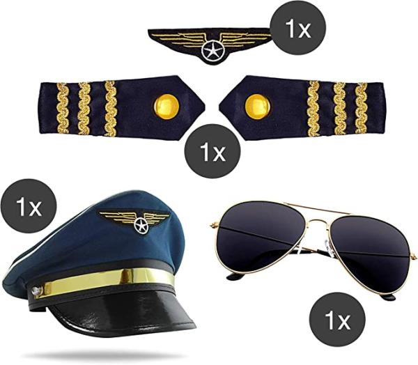 Pilot Set Kapitein Carnaval Voor Heren - Complete Piloten Kostuum Met Hoed, Bril En Badges