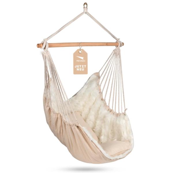 Hängesessel Kunstfell mit Kissen Holzstange Hängesitz Kuschelsessel Schaukelstuhl Indoor Outdoor Schwebesessel Lounge Sessel Rel