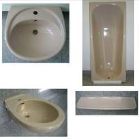 10. BATHROOM-SET in Beige incl. bath + washbasin + bidet + shelf