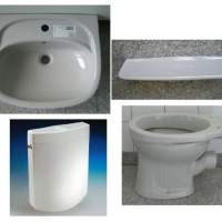 11. BATHROOM-SET in gray incl. washbasin + WC + tank + shelf