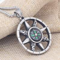 Kompass Anhänger mit Halskette Amulett Kette funktionsfähig Antik Silberfarben