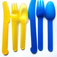 Набор столовых приборов пластик i. синий, желтый 3 шт многоразовые - многоразовые