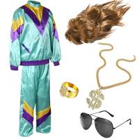 6 in 1 Vokuhila Set 80er Outfit Kostüm mit Unisex Trainingsanzug, Assi Perücke, Goldkette, Brille - für Fasching & Karneval